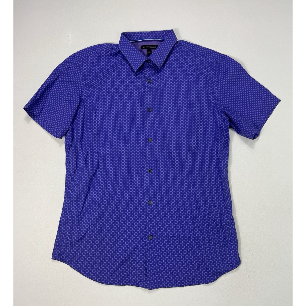 Banana Republic Mens Large Casual Button Shirt Modern Purple Blue Red Geometric